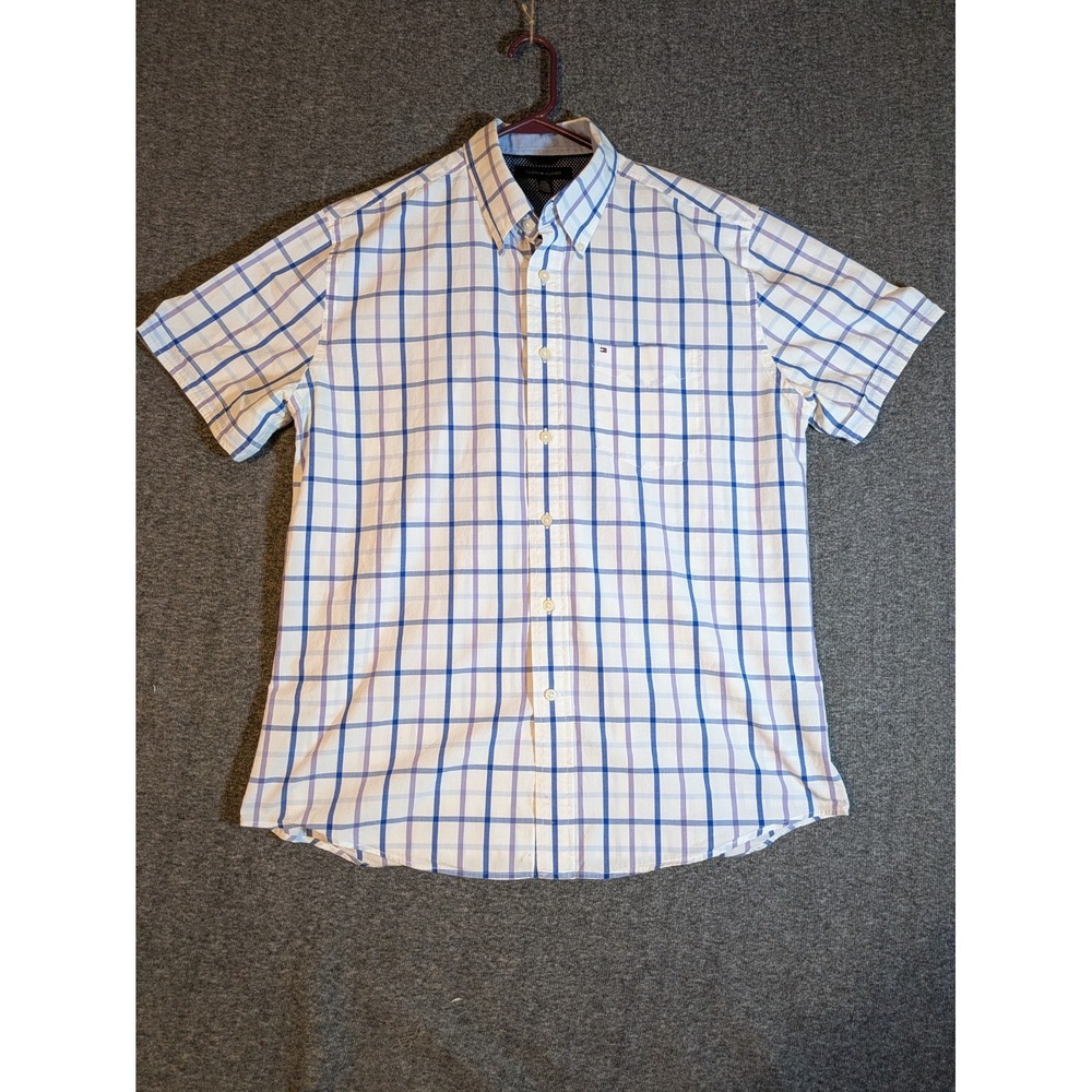 Tommy Hilfiger Shirt Mens Large Button Down Short Sleeve 1 Chest Pocket Plaid‎